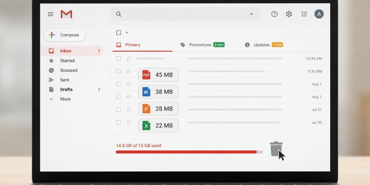 Gmail Speicher voll? Mit Suchbefehlen große E-Mails finden, alte Anhänge sicher löschen, Papierkorb leeren und in wenigen Minuten Google Speicher freigeben.