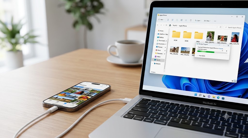 iPhone-Fotos auf Windows übertragen ohne iCloud: Anleitung für USB, Fotos-App, Datei-Explorer, WLAN, HEIC, Live Photos und typische Importfehler.