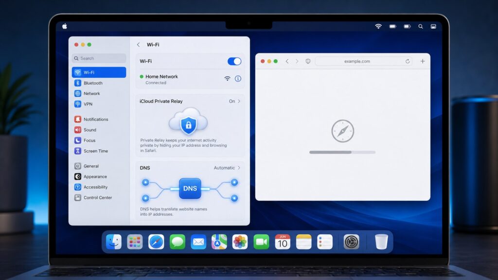 Mac verbindet sich mit WLAN, aber Safari lädt keine Seiten: Private Relay und DNS prüfen