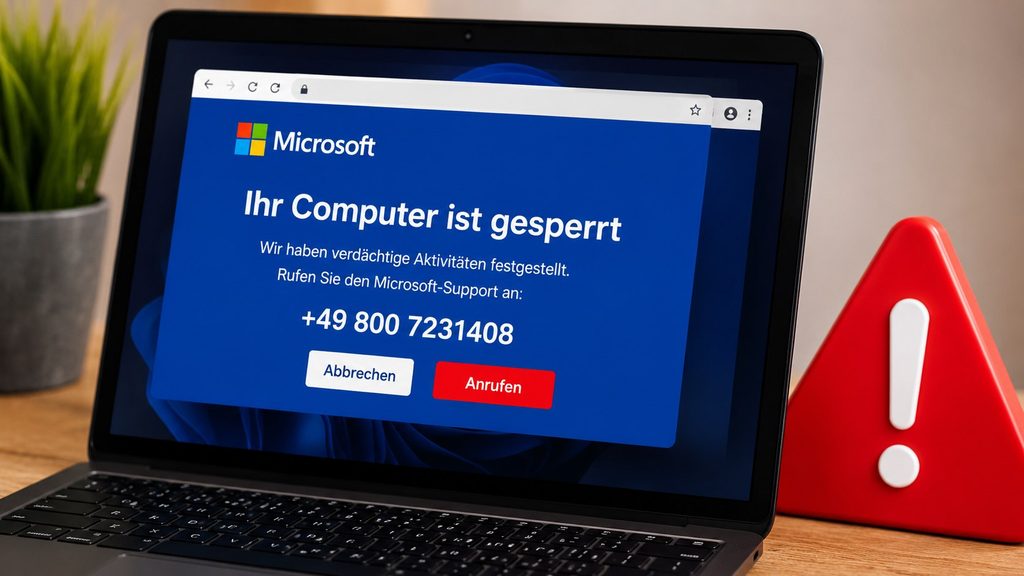 Fake-Microsoft-Warnung im Browser: Warum „Ihr Computer ist gesperrt“ fast immer Betrug bedeutet