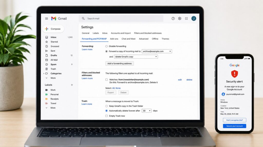 Gmail verschiebt E-Mails automatisch in den Papierkorb: Filter, Weiterleitung und fremde Zugriffe prüfen
